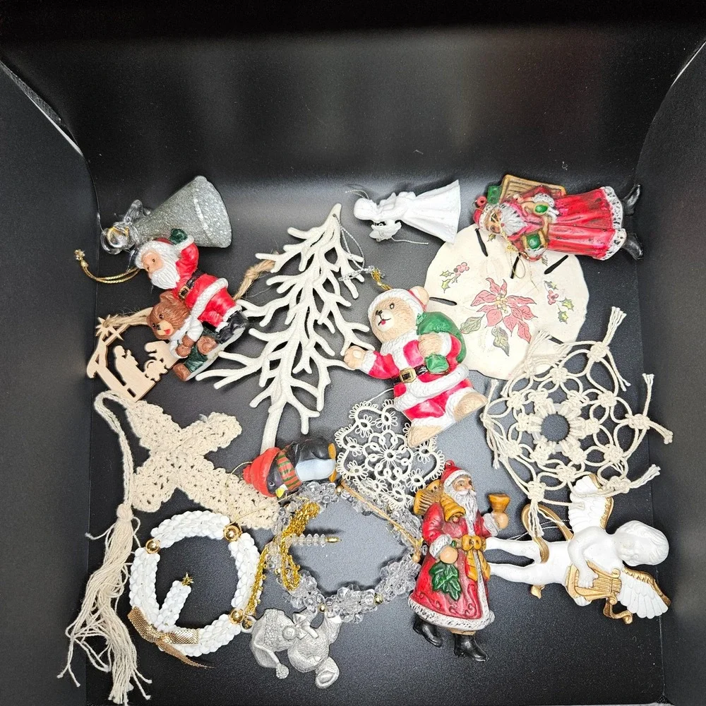 Vintage Christmas Ornament Lot –‎ Mixed Santa, Angel, Crochet & Beaded Decor